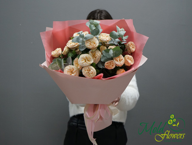 Bouquet with cream spray roses and eucalyptus photo